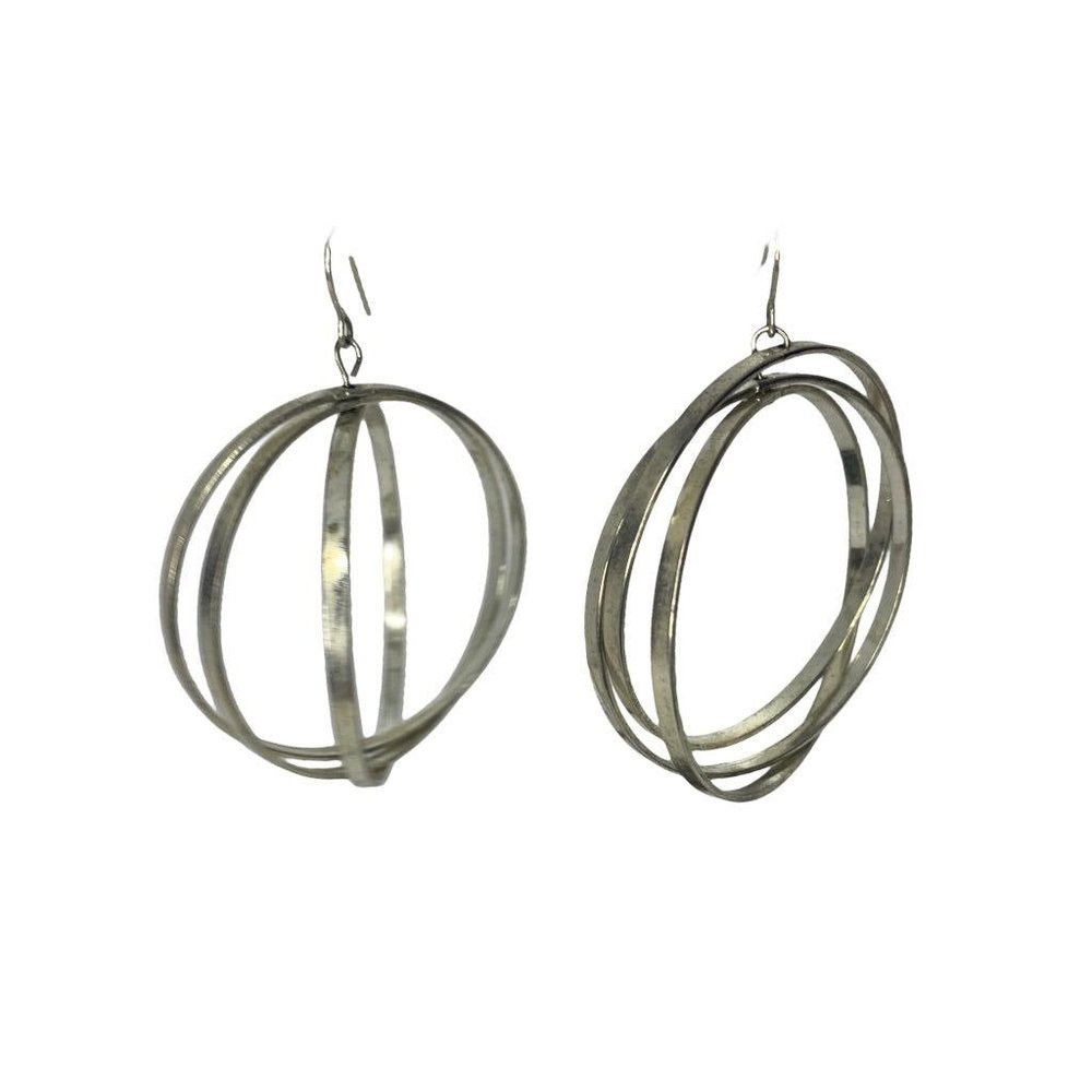 Statement 2.5" Drop Silvertone Earrings Dimensional Circles 2" Diameter Movement